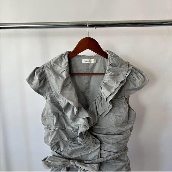 Calvin Klein Coquette Grey Ruffled Blouse with Waist Tie Blouse size large. - Picture 2 of 8